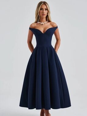 Classic One-Shoulder Navy Evening Midi Dress